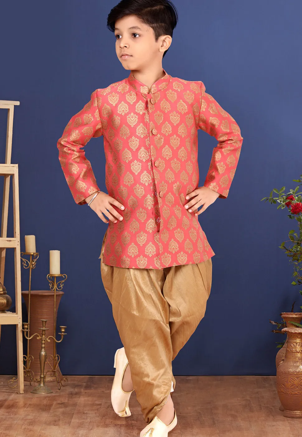 Woven Art Silk Jacquard Dhoti Sherwani in Coral Pink