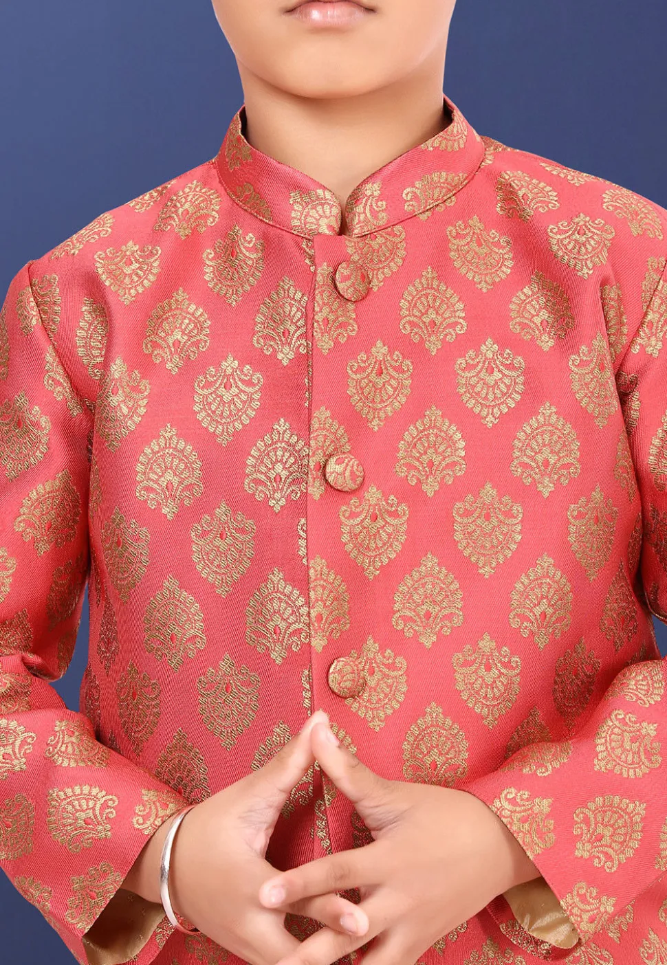 Woven Art Silk Jacquard Dhoti Sherwani in Coral Pink