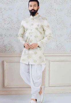 Woven Art Silk Jacquard Dhoti Sherwani in Light Beige