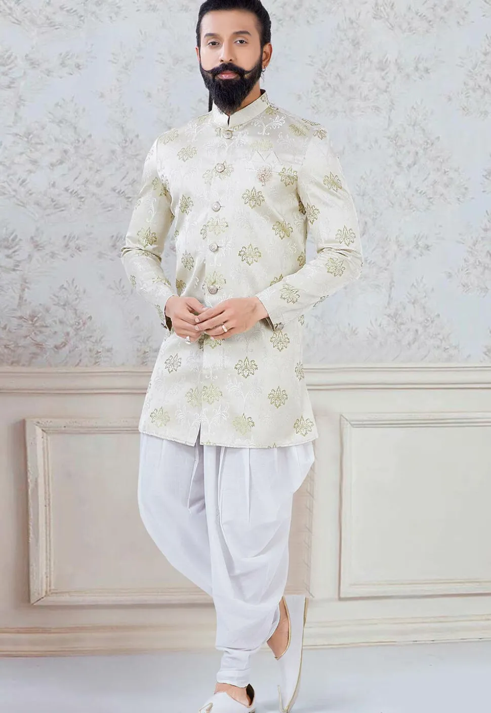 Woven Art Silk Jacquard Dhoti Sherwani in Light Beige