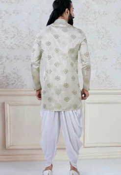 Woven Art Silk Jacquard Dhoti Sherwani in Light Beige