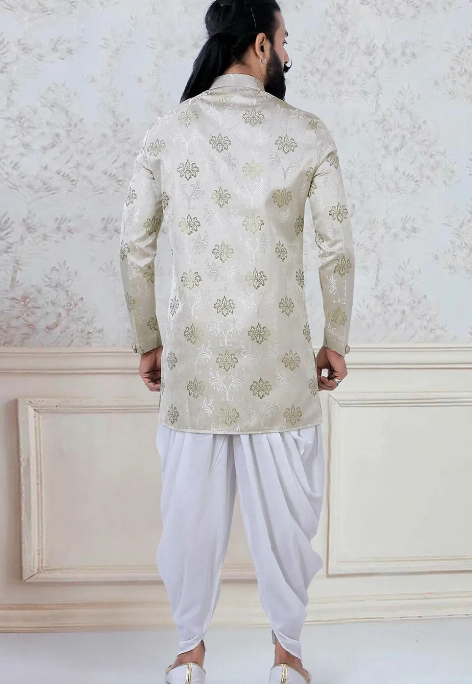 Woven Art Silk Jacquard Dhoti Sherwani in Light Beige