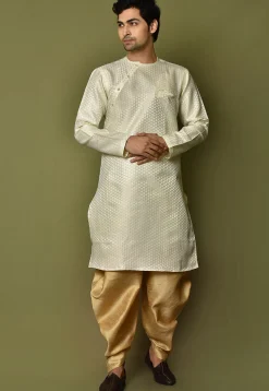 Woven Art Silk Jacquard Dhoti Kurta in Cream