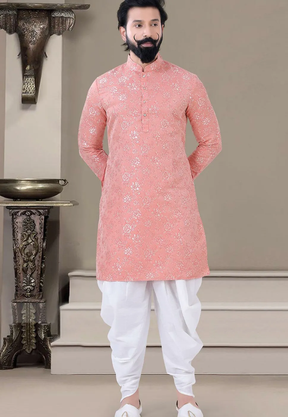 Woven Art Silk Jacquard Dhoti Kurta in Peach