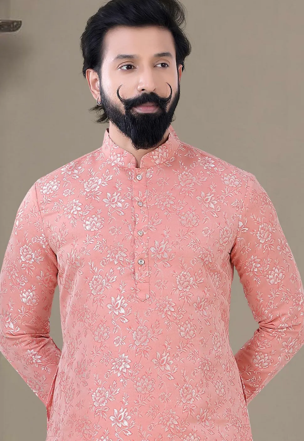 Woven Art Silk Jacquard Dhoti Kurta in Peach