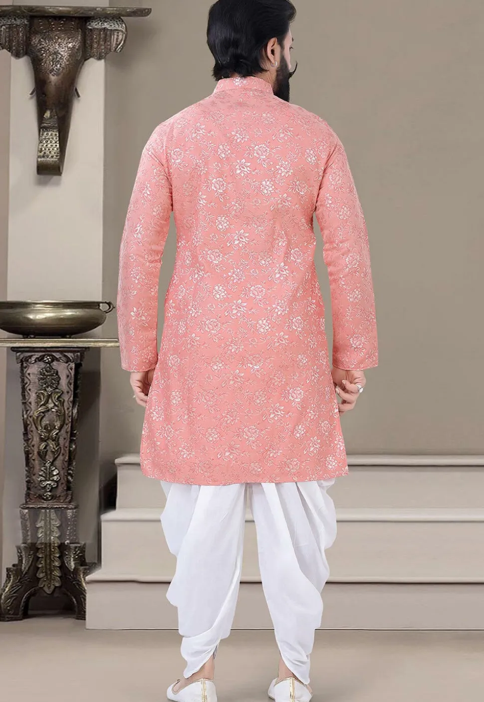 Woven Art Silk Jacquard Dhoti Kurta in Peach
