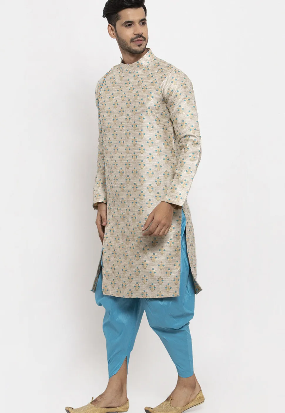 Woven Art Silk Jacquard Dhoti Kurta in Light Beige