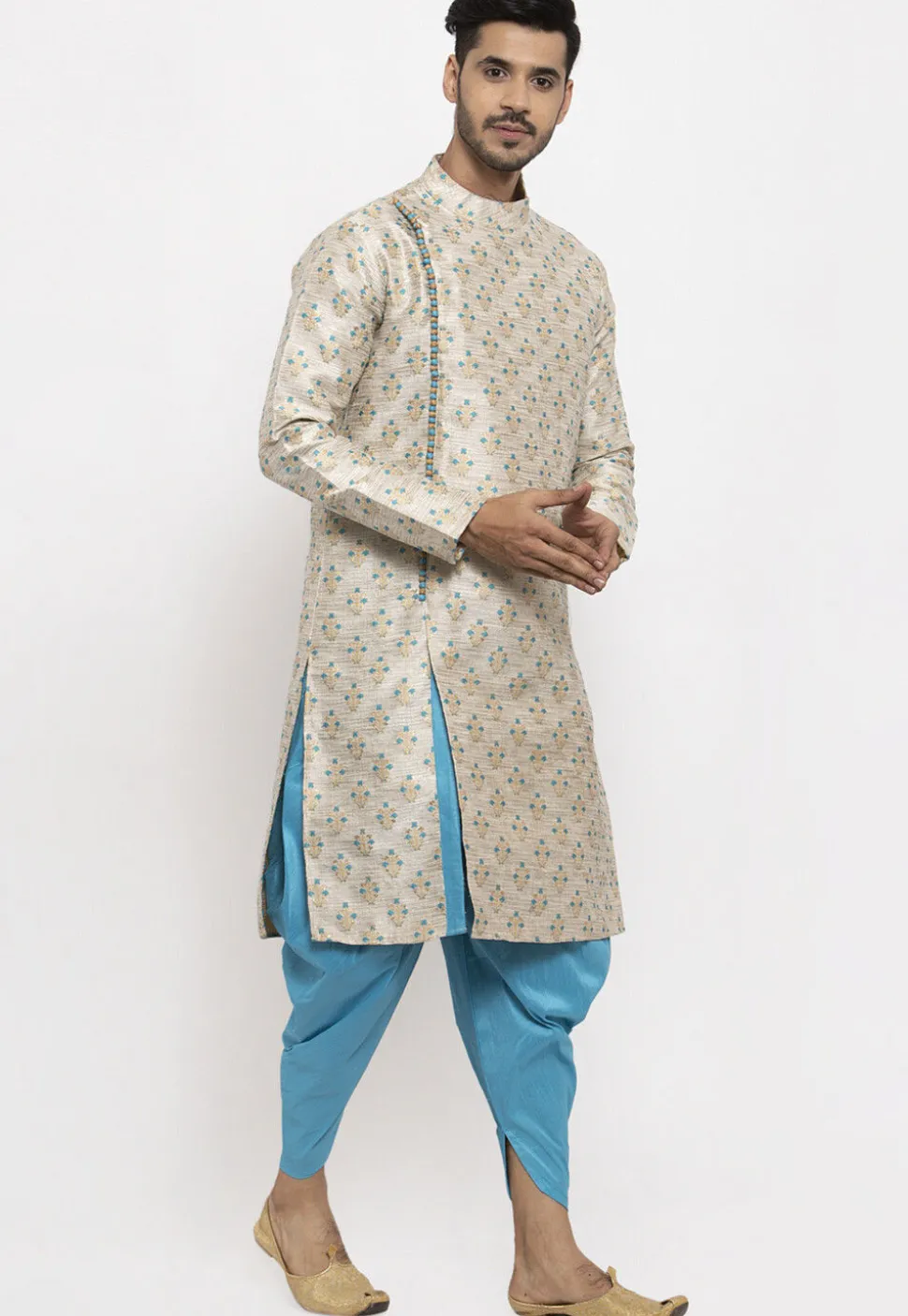 Woven Art Silk Jacquard Dhoti Kurta in Light Beige