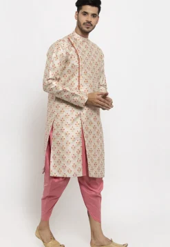 Woven Art Silk Jacquard Dhoti Kurta in Light Beige