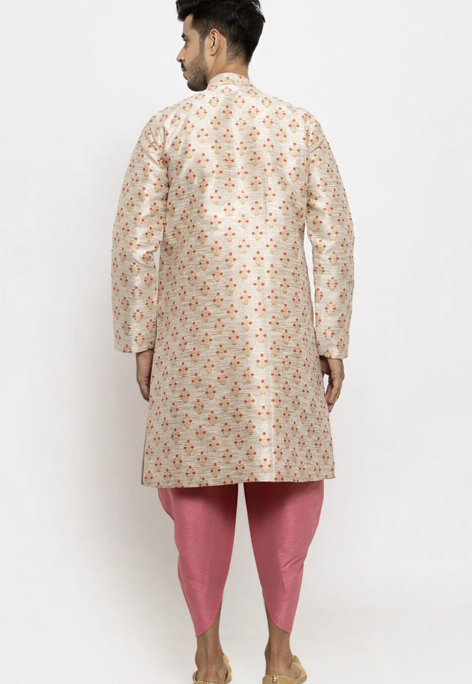 Woven Art Silk Jacquard Dhoti Kurta in Light Beige