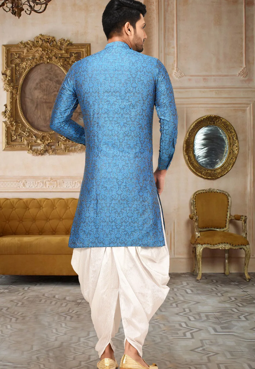 Woven Art Silk Jacquard Dhoti Kurta in Blue