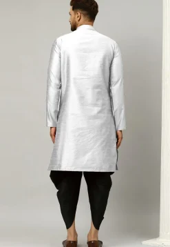 Woven Art Silk Jacquard Dhoti Kurta in Light Grey