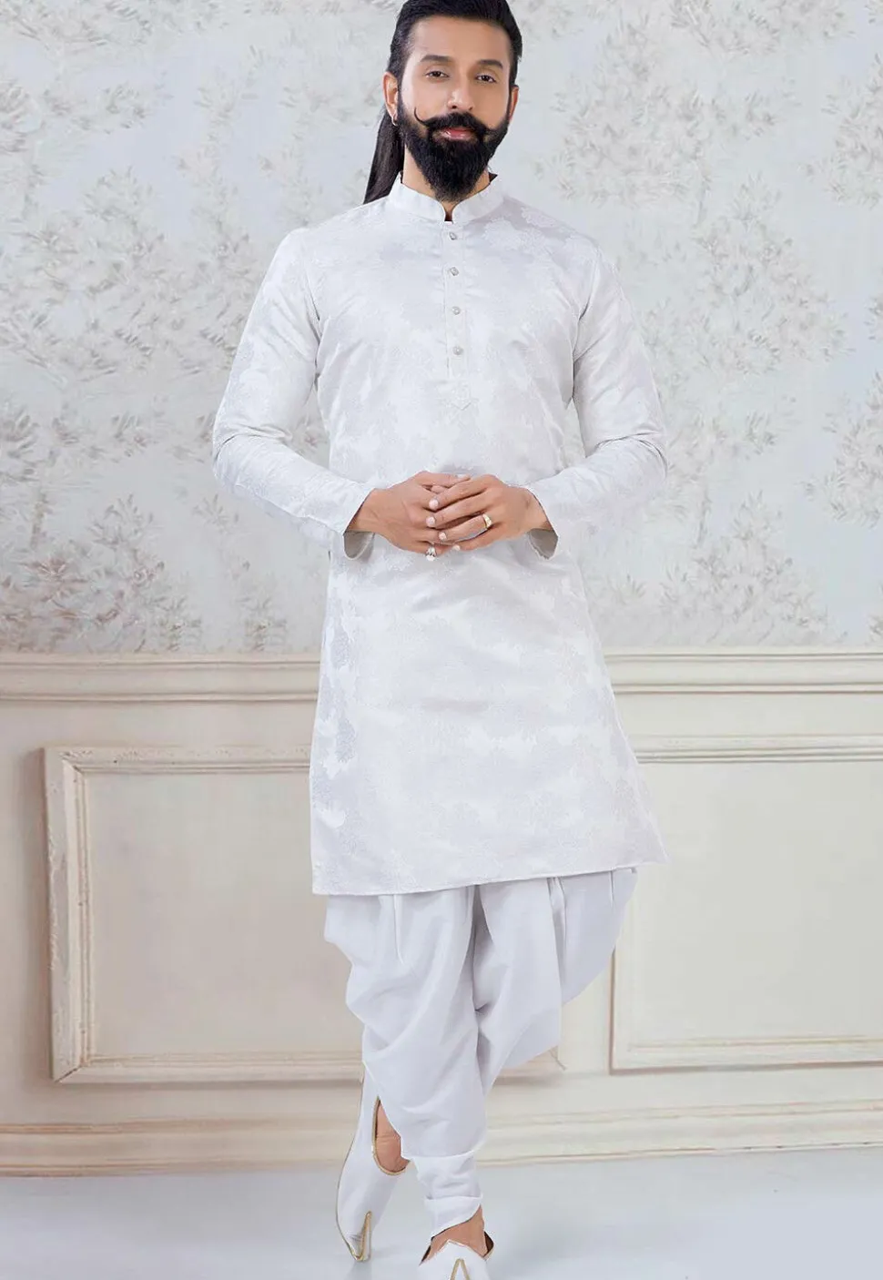 Woven Art Silk Jacquard Dhoti Kurta in Off White