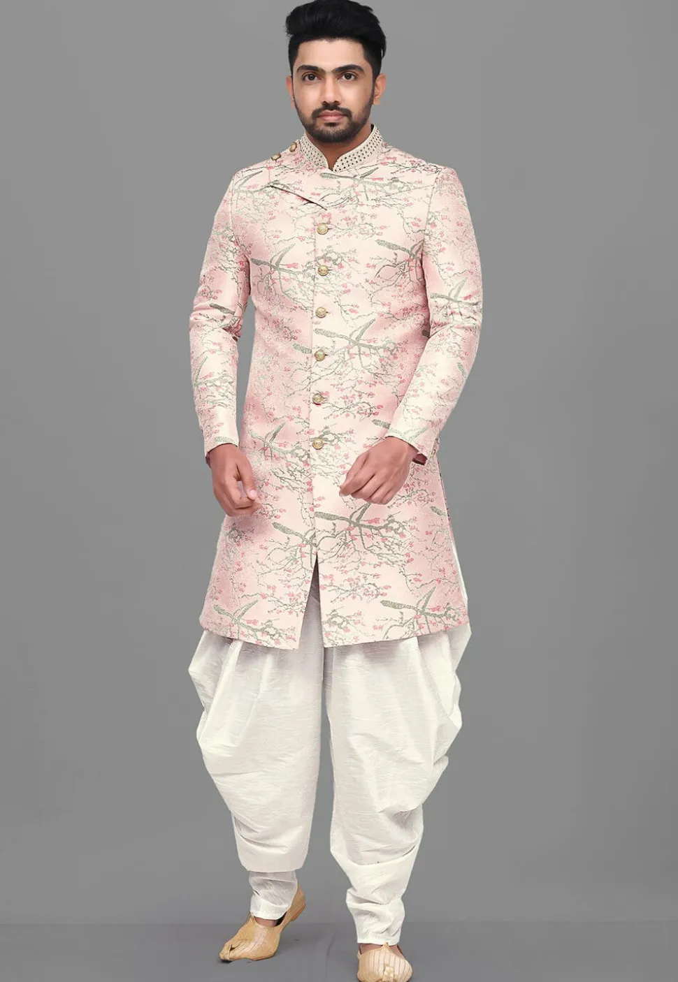 Woven Art Silk Jacquard Dhoti Sherwani in Pink