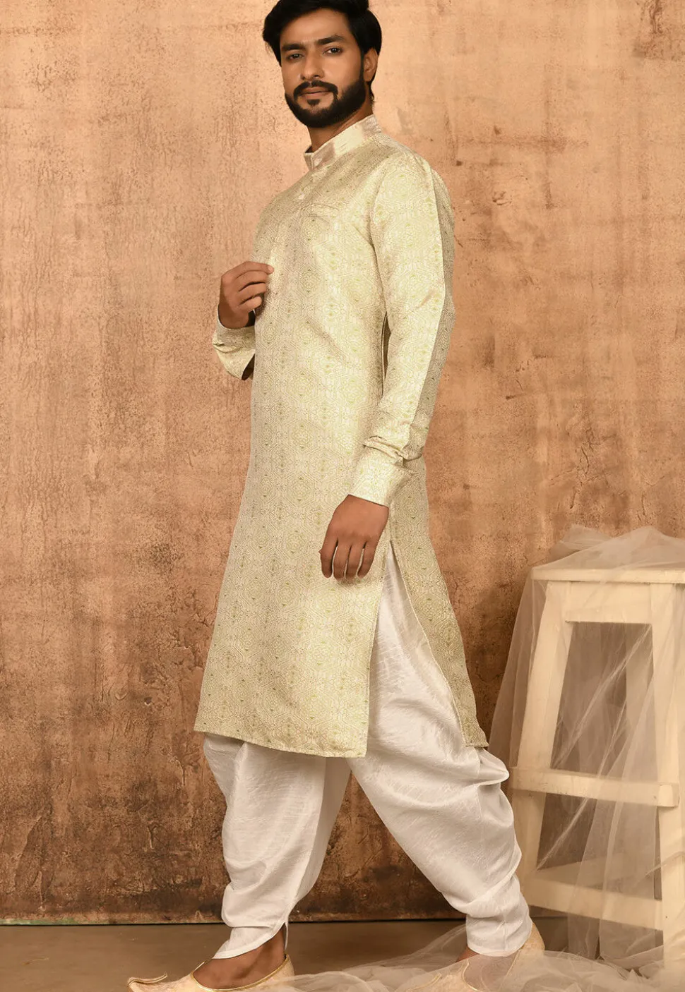 Woven Art Silk Jacquard Dhoti Kurta in Beige