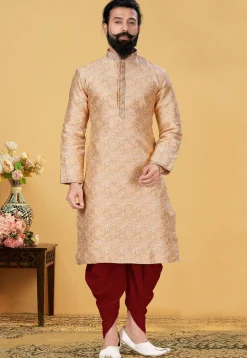 Woven Art Silk Jacquard Dhoti Kurta in Light Peach