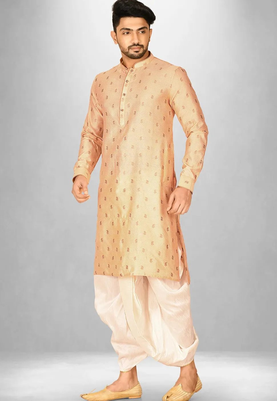 Woven Art Silk Jacquard Dhoti Kurta in Peach