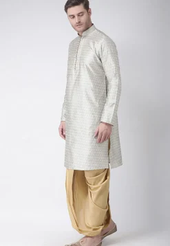 Woven Art Silk Jacquard Dhoti Kurta in Light Grey
