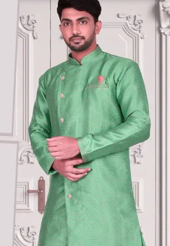 Woven Art Silk Jacquard Dhoti Sherwani in Teal Green