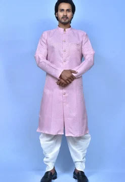 Woven Art Silk Jacquard Front Open Dhoti Kurta in Pink