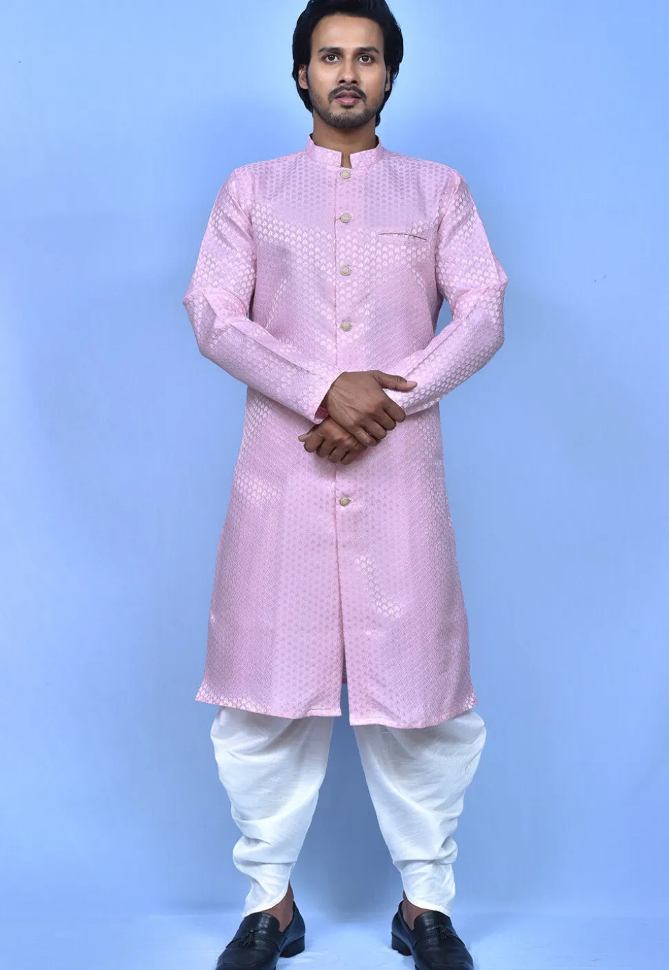 Woven Art Silk Jacquard Front Open Dhoti Kurta in Pink