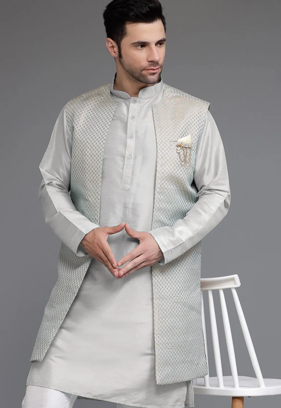 Woven Art Silk Jacquard Front Open Long Jacket in Grey