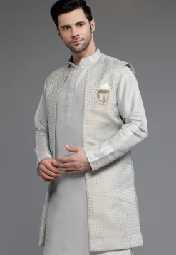 Woven Art Silk Jacquard Front Open Long Jacket in Grey