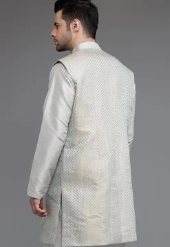 Woven Art Silk Jacquard Front Open Long Jacket in Grey