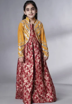 Woven Art Silk Jacquard Gown in Maroon