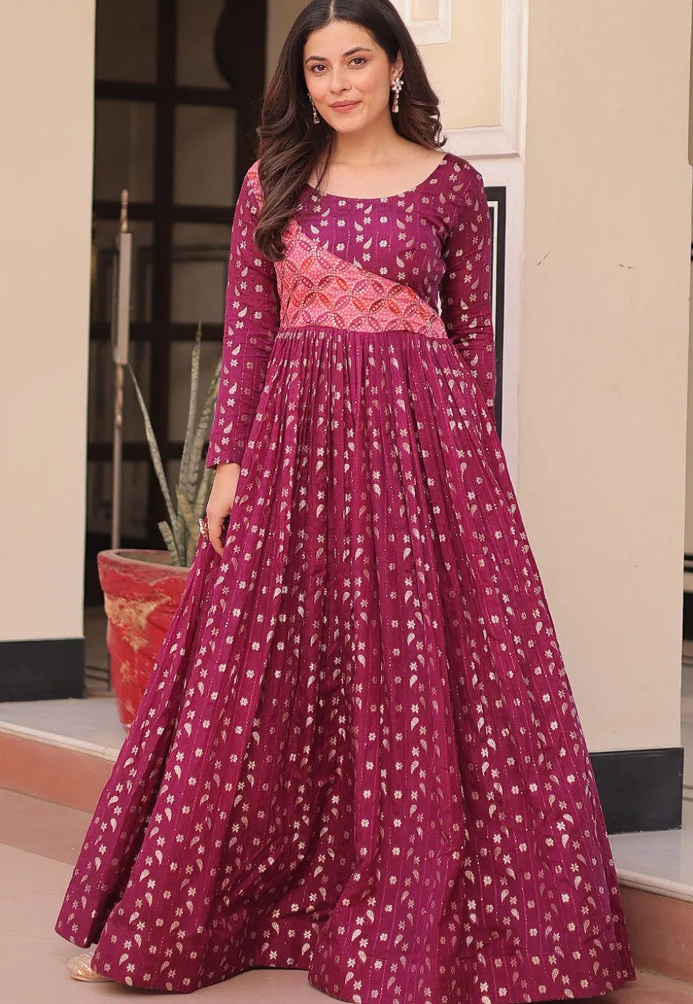 Woven Art Silk Jacquard Gown in Purple