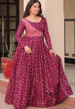 Woven Art Silk Jacquard Gown in Purple