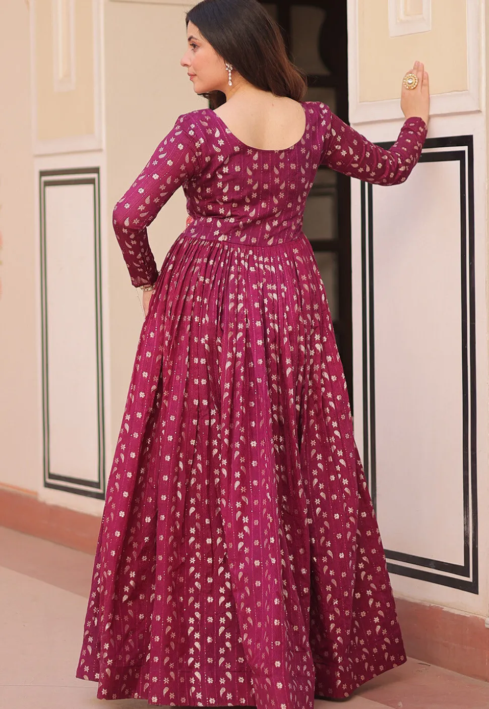 Woven Art Silk Jacquard Gown in Purple
