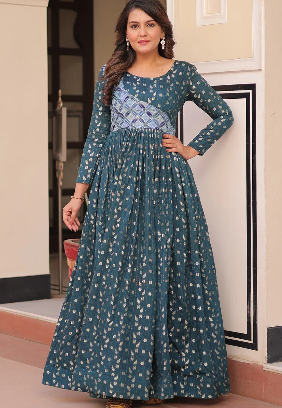 Woven Art Silk Jacquard Gown in Dusty Blue