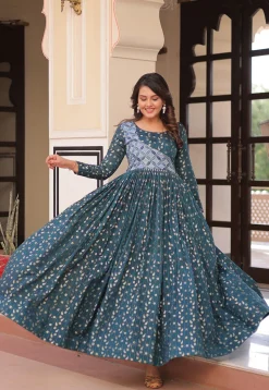 Woven Art Silk Jacquard Gown in Dusty Blue