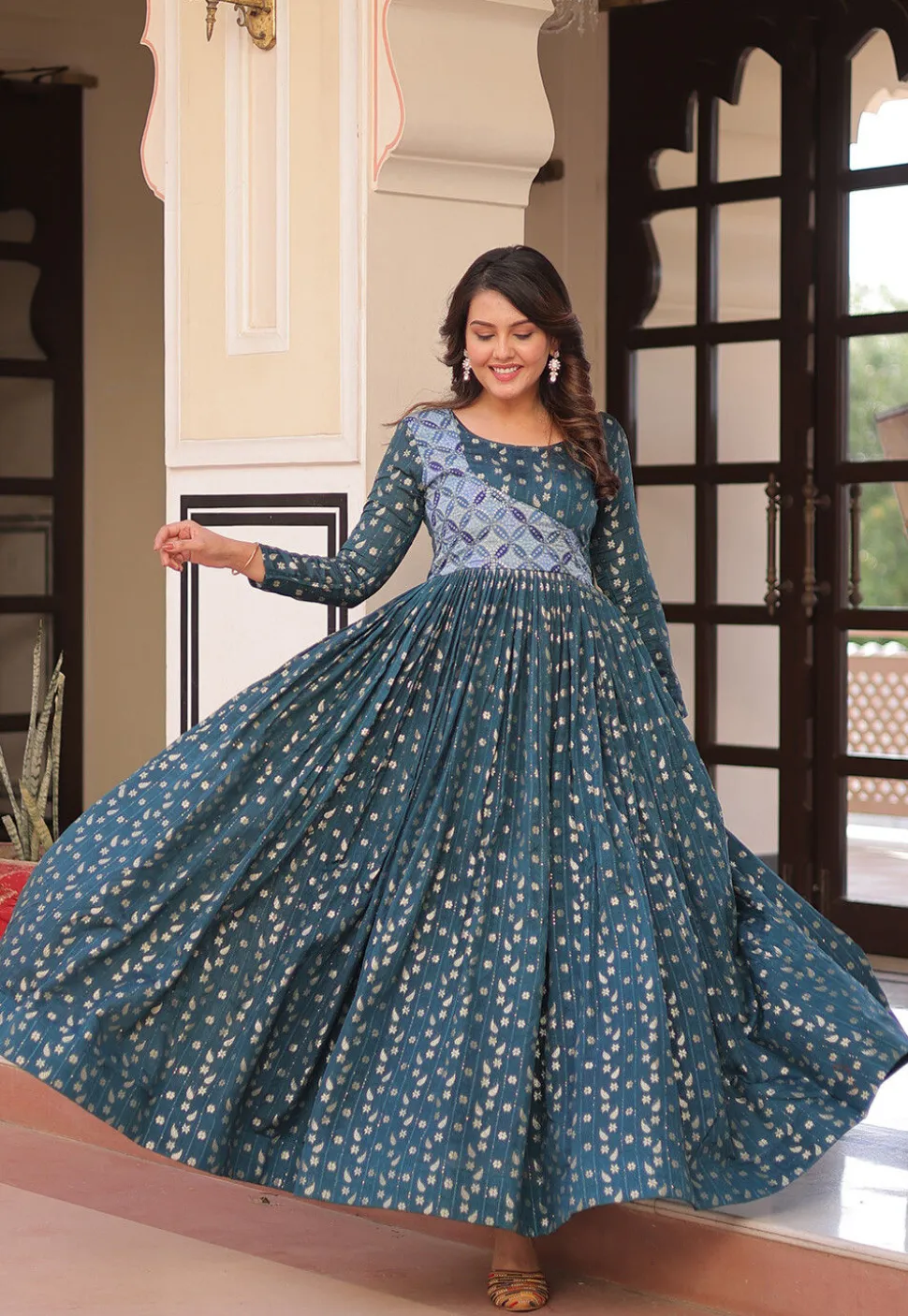Woven Art Silk Jacquard Gown in Dusty Blue