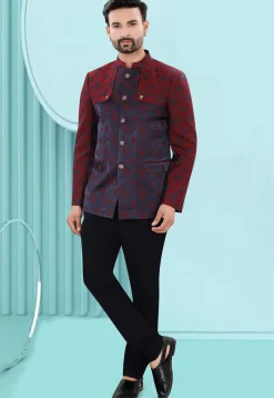 Woven Art Silk Jacquard Jodhpuri Suit in Navy Blue and Maroon