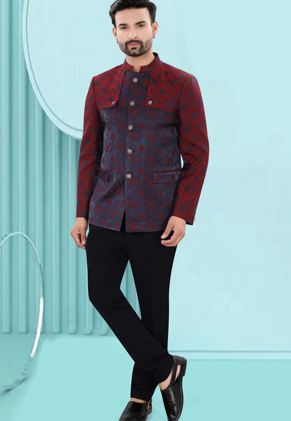 Woven Art Silk Jacquard Jodhpuri Suit in Navy Blue and Maroon