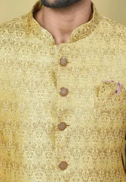 Woven Art Silk Jacquard Jodhpuri Jacket in Yellow