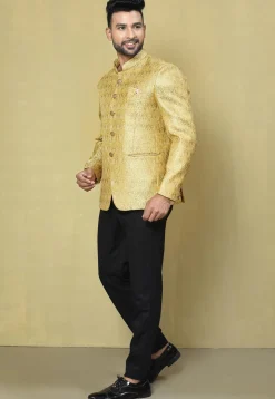 Woven Art Silk Jacquard Jodhpuri Jacket in Yellow