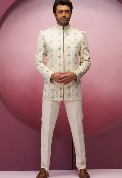 Woven Art Silk Jacquard Jodhpuri Suit in Cream