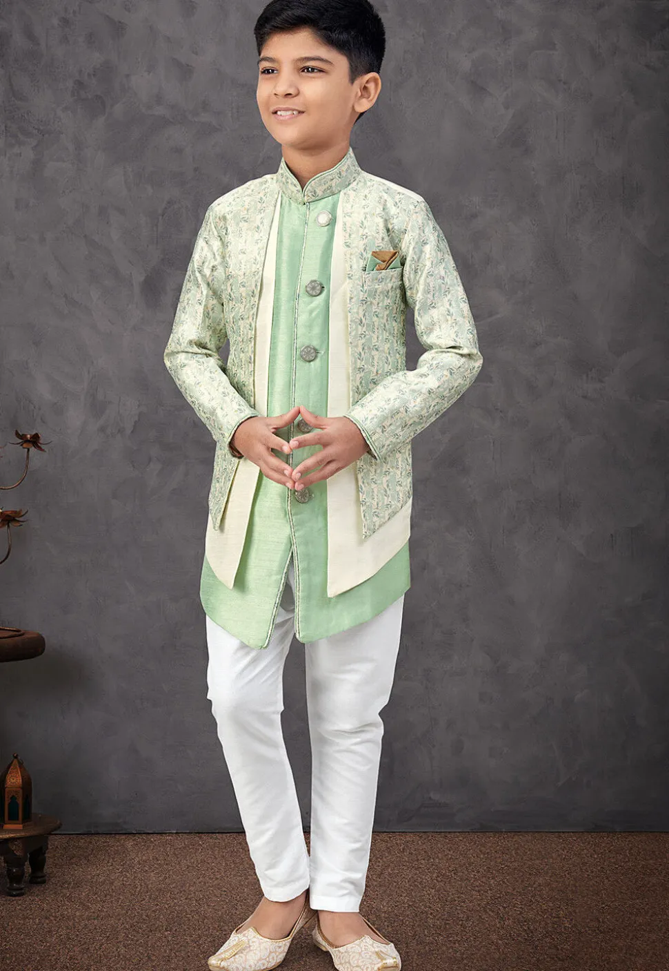Woven Art Silk Jacquard Jacket Style Sherwani in Pastel Green