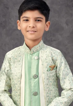 Woven Art Silk Jacquard Jacket Style Sherwani in Pastel Green