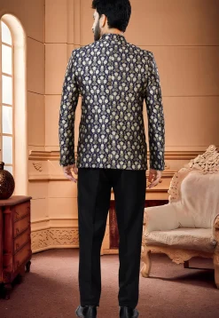 Woven Art Silk Jacquard Jodhpuri Suit in Navy Blue