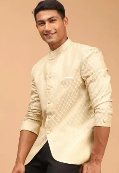 Woven Art Silk Jacquard Jodhpuri Jacket in Cream