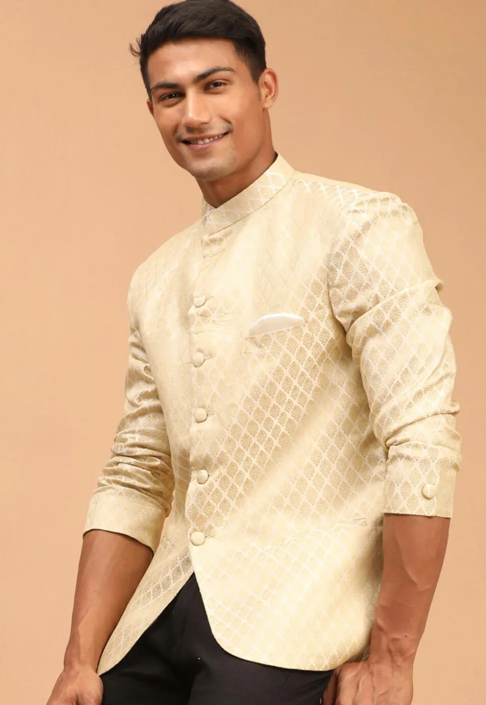 Woven Art Silk Jacquard Jodhpuri Jacket in Cream