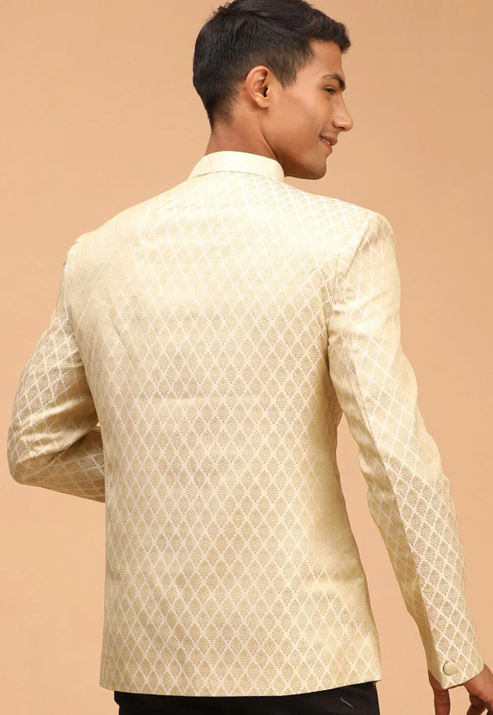 Woven Art Silk Jacquard Jodhpuri Jacket in Cream