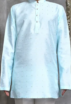 Woven Art Silk Jacquard Jodhpuri Suit in Cream and Sky Blue