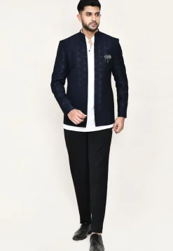 Woven Art Silk Jacquard Jodhpuri Suit in Navy Blue