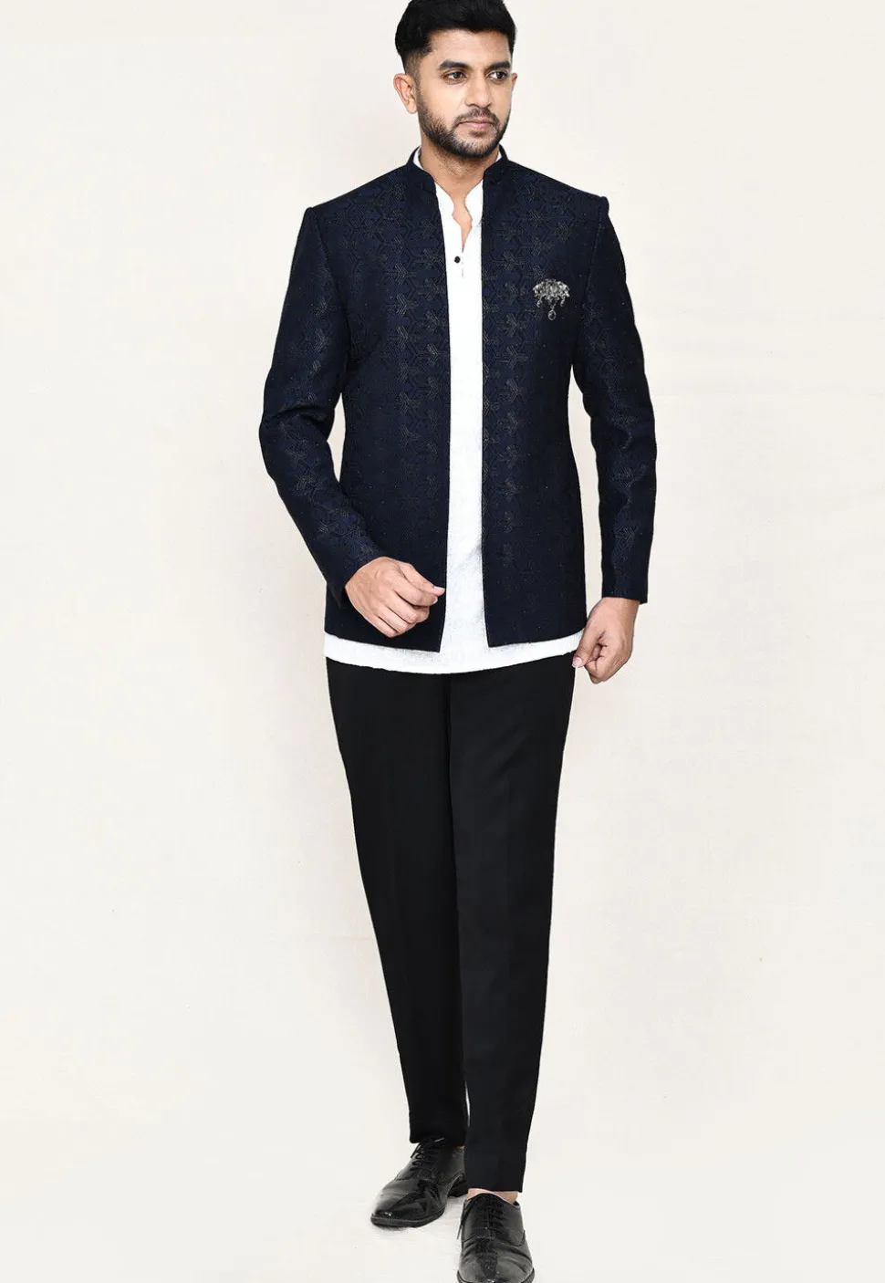 Woven Art Silk Jacquard Jodhpuri Suit in Navy Blue