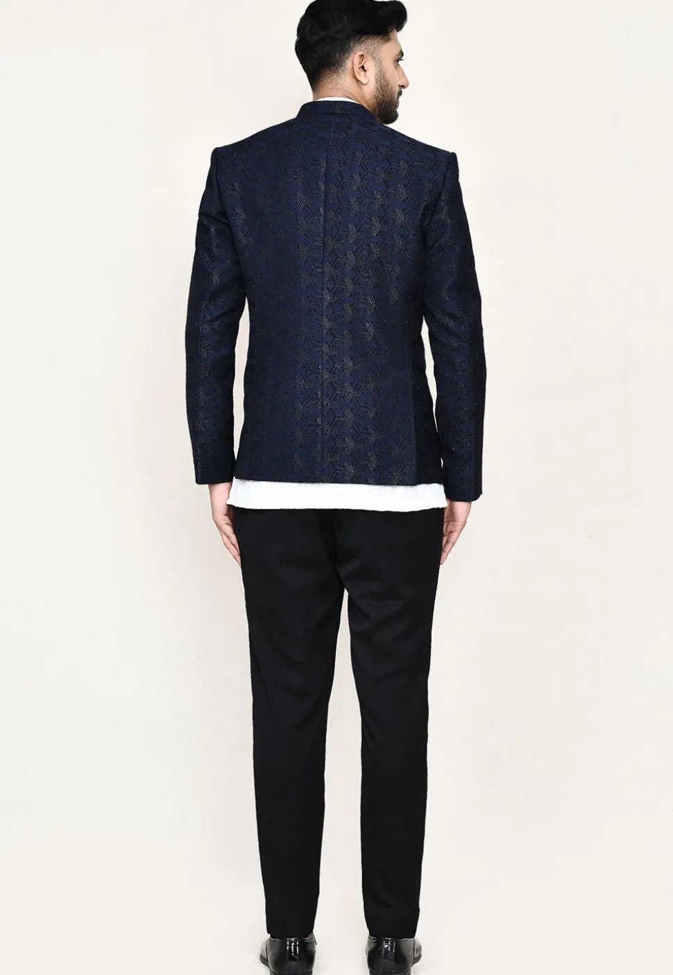 Woven Art Silk Jacquard Jodhpuri Suit in Navy Blue
